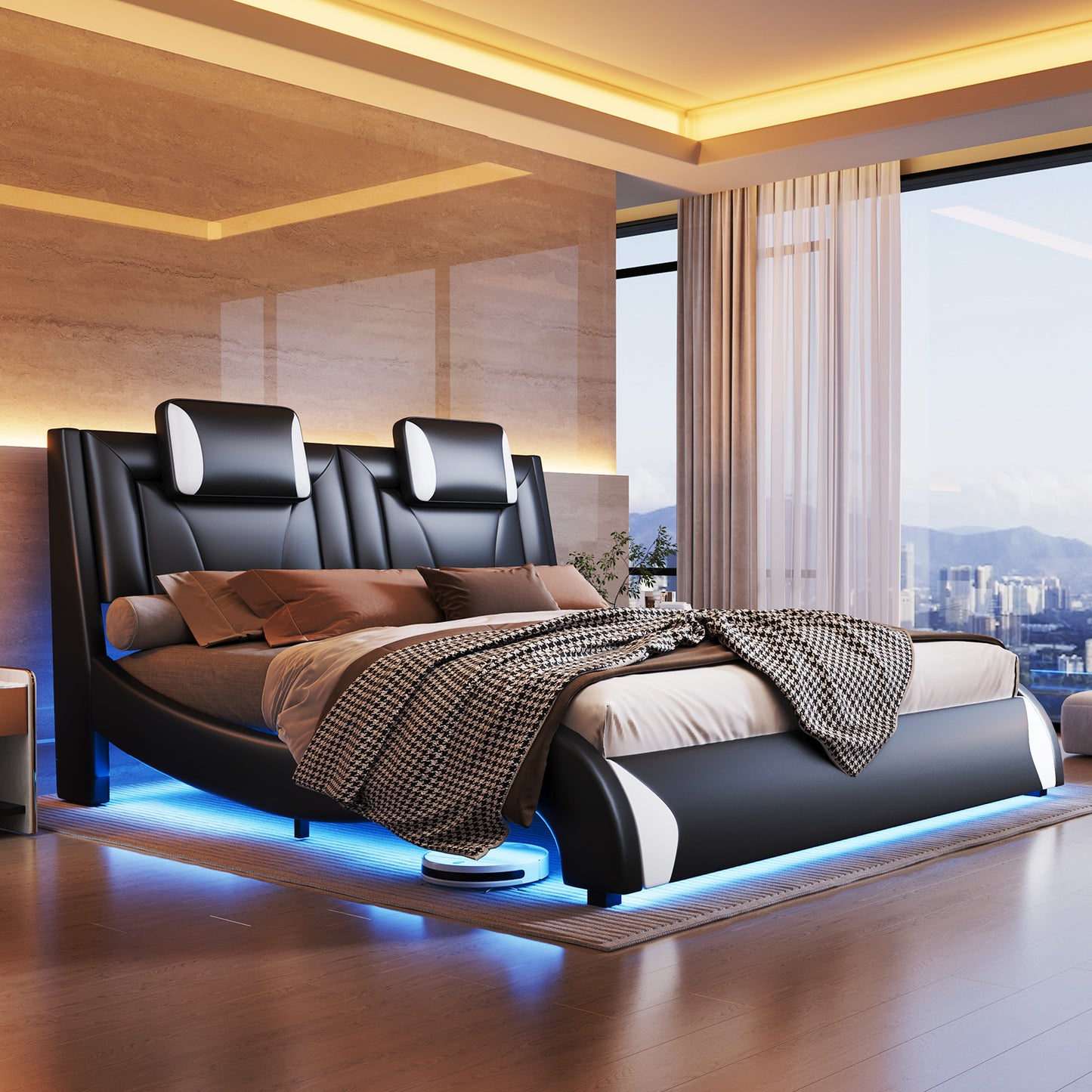 VANACC Floating Bed Frame With LED Lights, Modern Faux Leather Upholstered Platform Bed