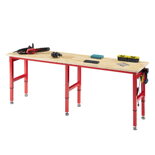 96x24 In Adjustable Workbench with Power Outlets, 2000 LBs Heavy Duty Work Table with Solid Rubber Wood Top,Hooks, for Garage,Woodworking, Home Office, Workshop, Red