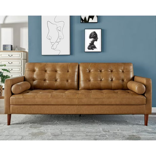 VANACC Leather Sofa,Mid-Century Modern Genuine Leather Sofa,3 Seater Comfy Couch for Living Room Home Office-Brown Leather Sofa Couch