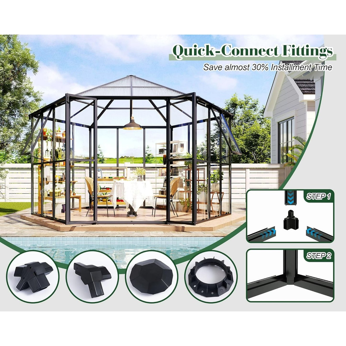 Jocisland 12x10x8 FT Hexagonal Greenhouse with Quick-Connect Fittings, Greenhouses for Outdoors Garden Backyard with 2 Swing Doors, Walk-in Aluminum Greenhouse with 2 Vents, Black