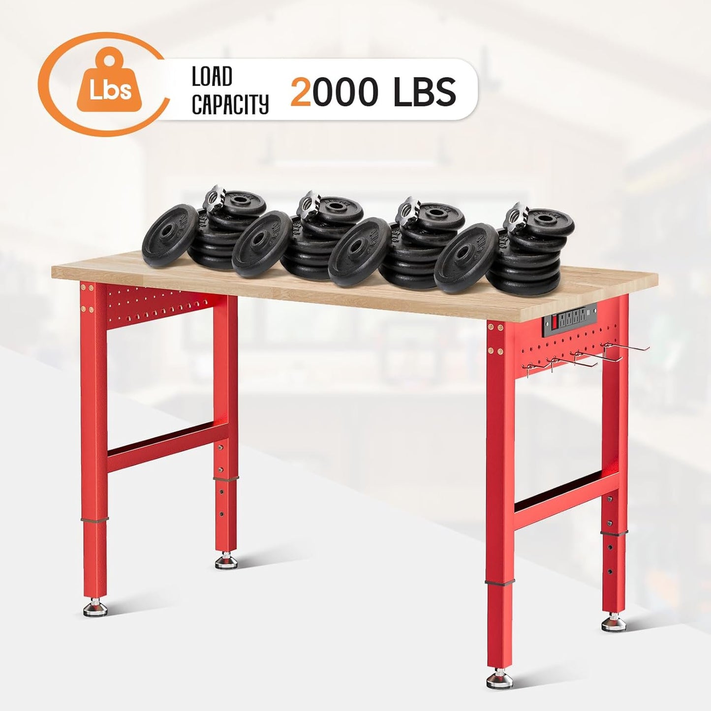 Jocisland 44" Red Adjustable Heavy Duty Workbench with 4 AC Outlet and 2 USB Ports Power Outlets, 2000 Lbs Capacity, Rubber Wood Top for Garage, Workshop, Office