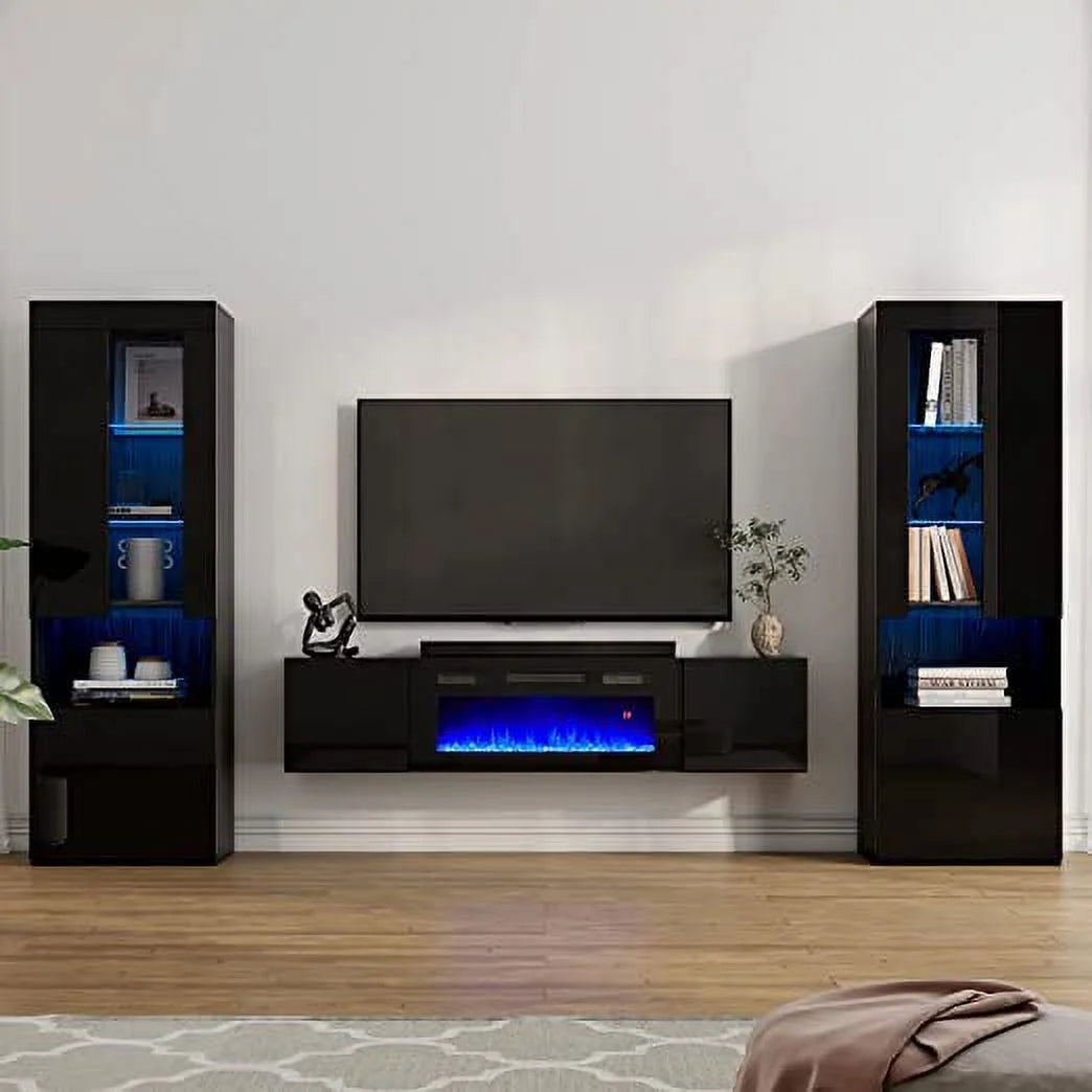 AMERLIFE 68" Floating TV Stand with 36" Electric Fireplace & 2 71" Height Bookcases with Glass Doors for TVs Up to 80", Black