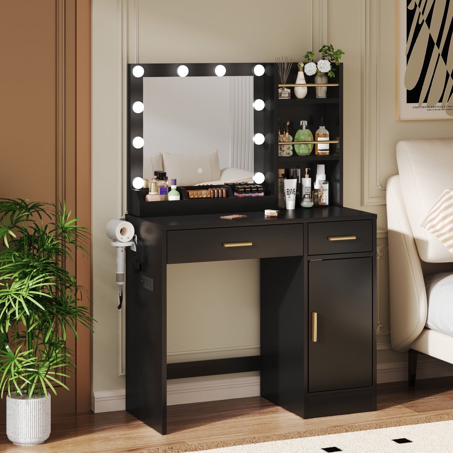 AMERLIFE 35.5" Make up Vanity Desk with Mirror and Lights, Vanity with Lights 3 Models Settings & Power Outlet, Vanity Desk with 2 Drawers, 1 Cabinets, Shelves, Makeup Vanity for Bedroom, White