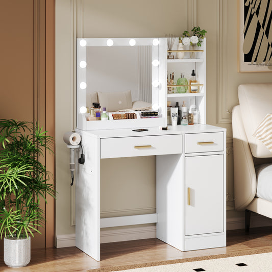 AMERLIFE 35.5" Make up Vanity Desk with Mirror and Lights, Vanity with Lights 3 Models Settings & Power Outlet, Vanity Desk with 2 Drawers, 1 Cabinets, Shelves, Makeup Vanity for Bedroom, White