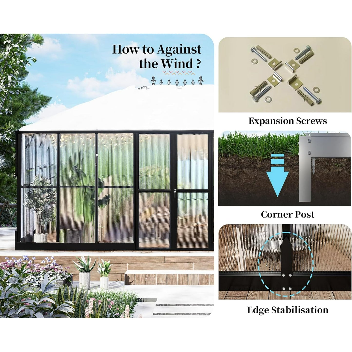 Jocisland 16x12x9.5 ft Polycarbonate Greenhouse- 6 ft Wall Height Outdoor Aluminum Greenhouses with 2 Vent Windows and Rain Gutter, Double Doors with Hook, Walk-in Greenhouse for Backyard Garden