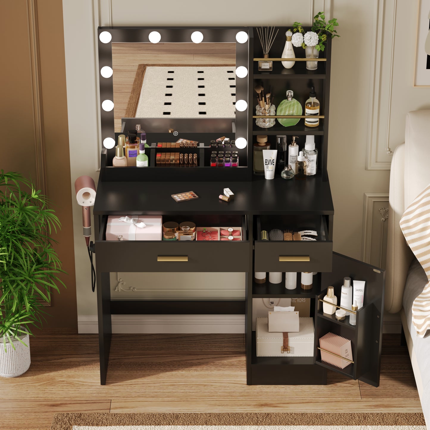 AMERLIFE 35.5" Make up Vanity Desk with Mirror and Lights, Vanity with Lights 3 Models Settings & Power Outlet, Vanity Desk with 2 Drawers, 1 Cabinets, Shelves, Makeup Vanity for Bedroom, White