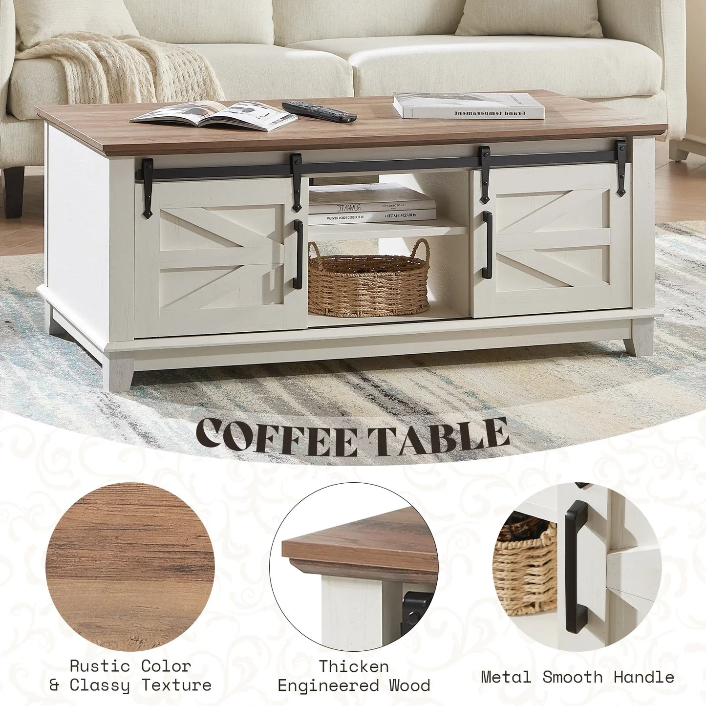 Farmhouse Coffee Table with Storage Sliding Barn Doors, Antique White