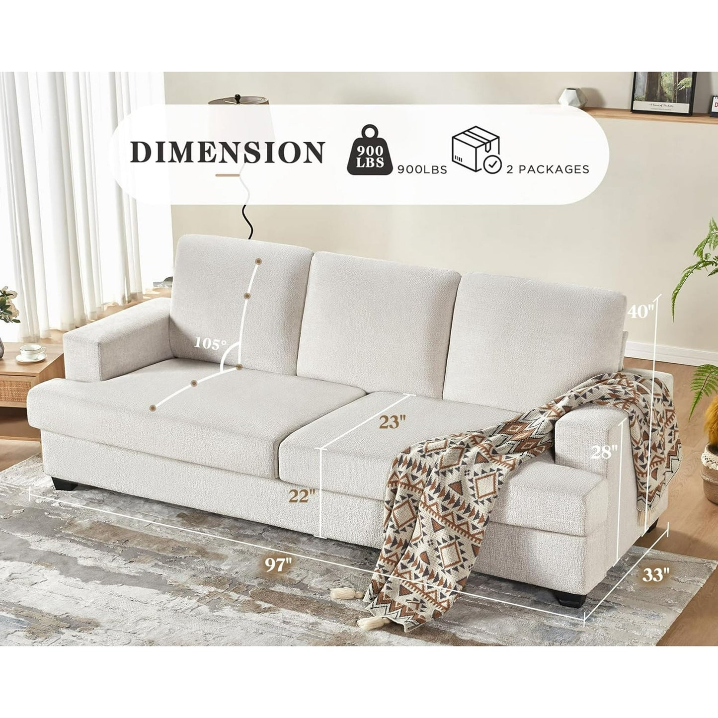 Sofa, 3 Seater Comfy Couch Sofa- Extra Deep Seated Oversized Sofa, 97" Wide Modern Couches for Living Room, Bedroom and Office (Beige,Chenille)