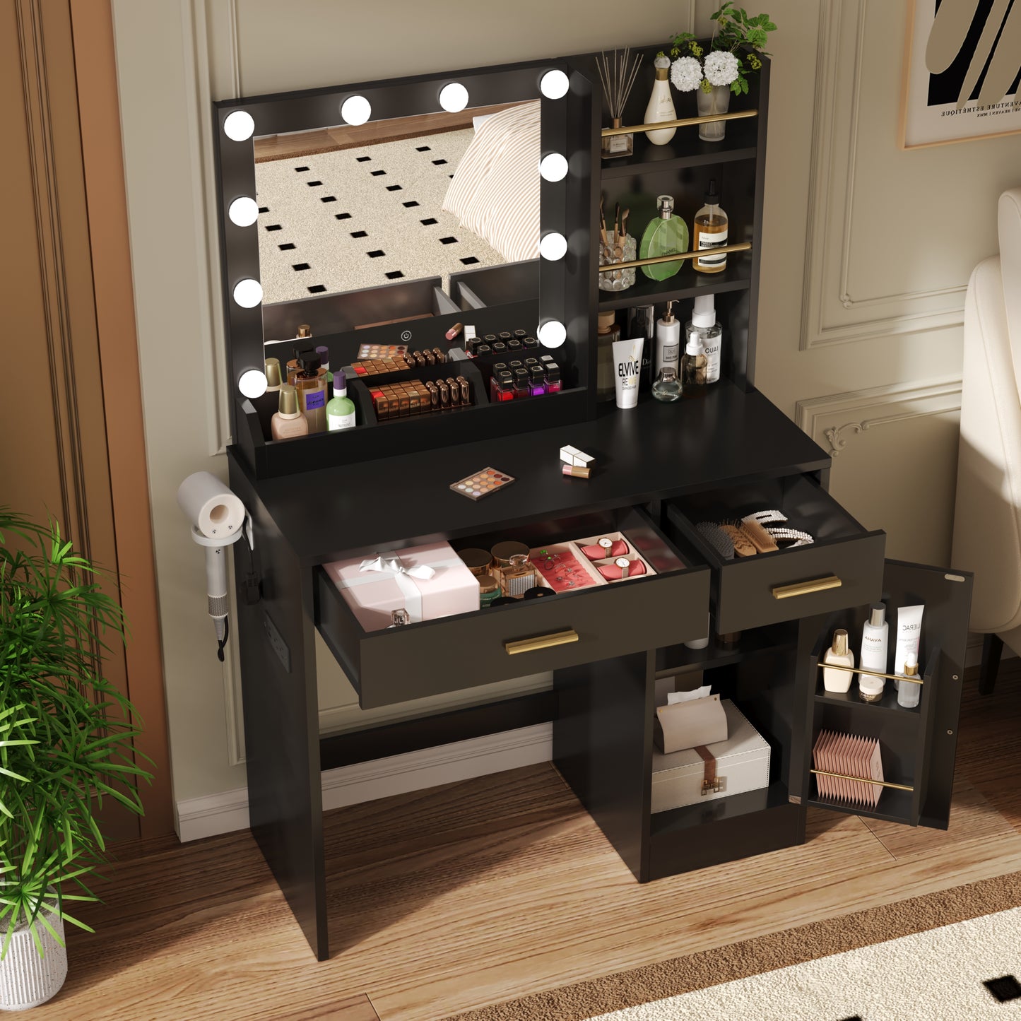 AMERLIFE 35.5" Make up Vanity Desk with Mirror and Lights, Vanity with Lights 3 Models Settings & Power Outlet, Vanity Desk with 2 Drawers, 1 Cabinets, Shelves, Makeup Vanity for Bedroom, White