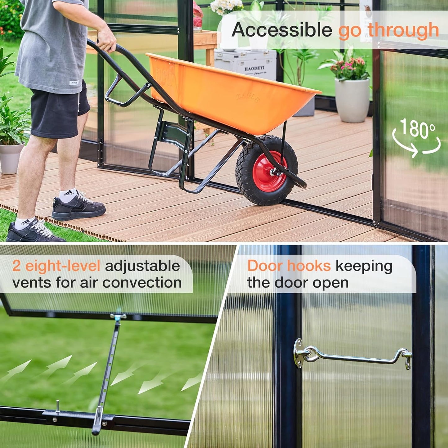 Jocisland 14x9.5x9 ft Polycarbonate Greenhouse Double Swing Doors 2 Vents 6FT Wall Height, Black