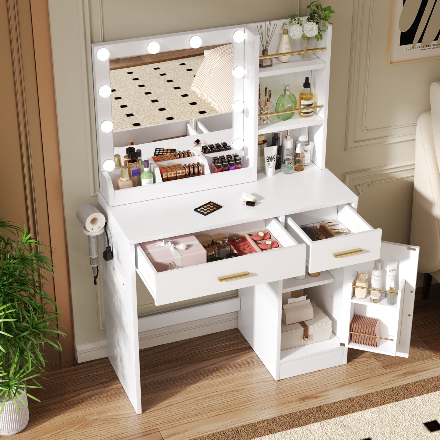 AMERLIFE 35.5" Make up Vanity Desk with Mirror and Lights, Vanity with Lights 3 Models Settings & Power Outlet, Vanity Desk with 2 Drawers, 1 Cabinets, Shelves, Makeup Vanity for Bedroom, White