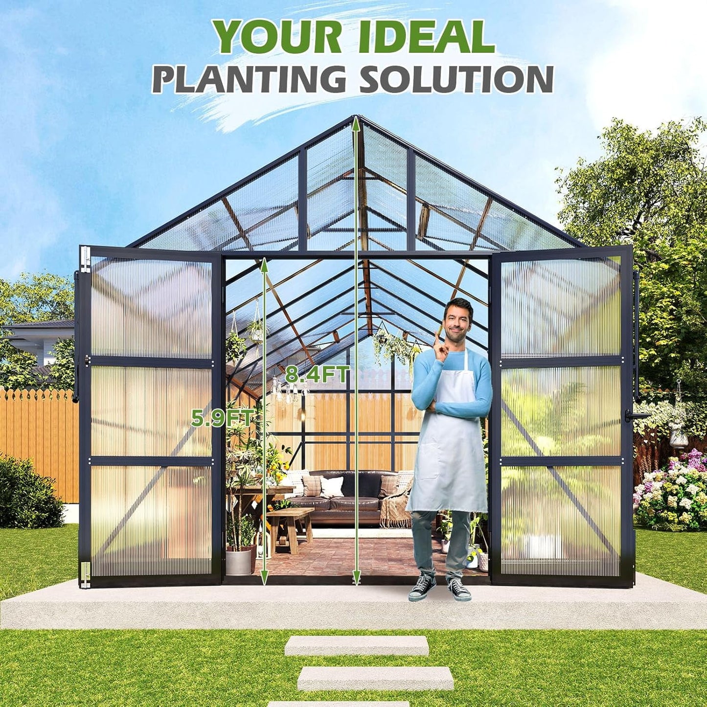 Jocisland 10x12 FT Polycarbonate Greenhouse with Rain Gutter & 4 Roof Vents, Heavy Duty Aluminum Greenhouse for Outdoor Garden Backyard, Black