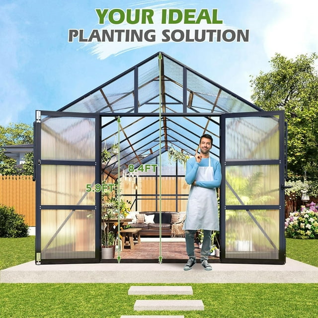 Jocisland 10x18 FT Polycarbonate Greenhouse with Rain Gutter & 4 Roof Vents, Heavy Duty Aluminum Greenhouse for Outdoor Garden Backyard, Black