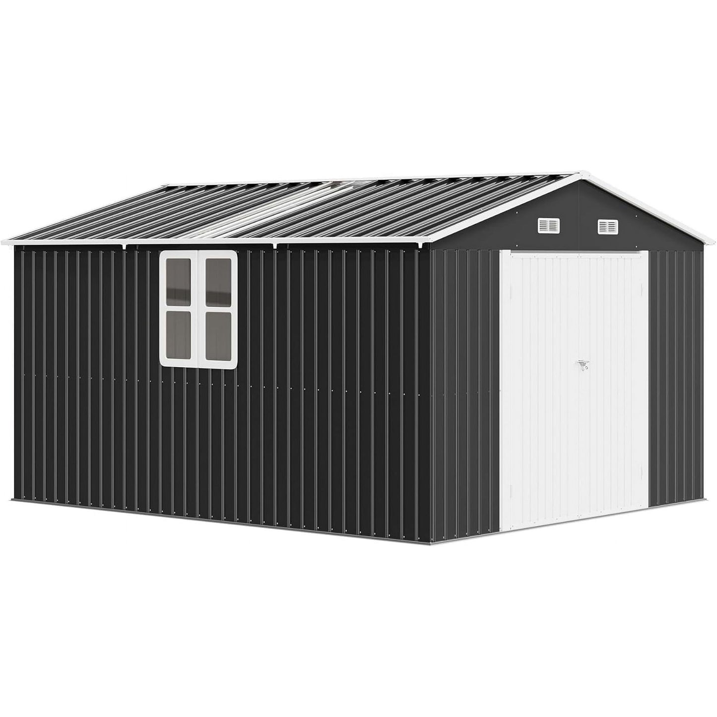 Jocisland 10x12x7 FT Galvanized Steel Storage Shed with 2 4-Pane Windows Hinged Double Doors, Outdoor Shed for Backyard, Garden, Garden, Dark Grey/White