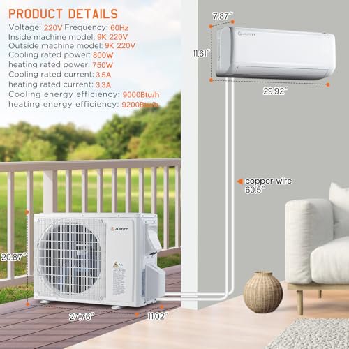 Jocisland Mini Split Air Conditioner and Heater, 9000 BTU Inverter Energy-Efficient AC with Self-Cleaning, Easy Installation, Ideal for Home, Office Use, SEER2 18.5, 220V