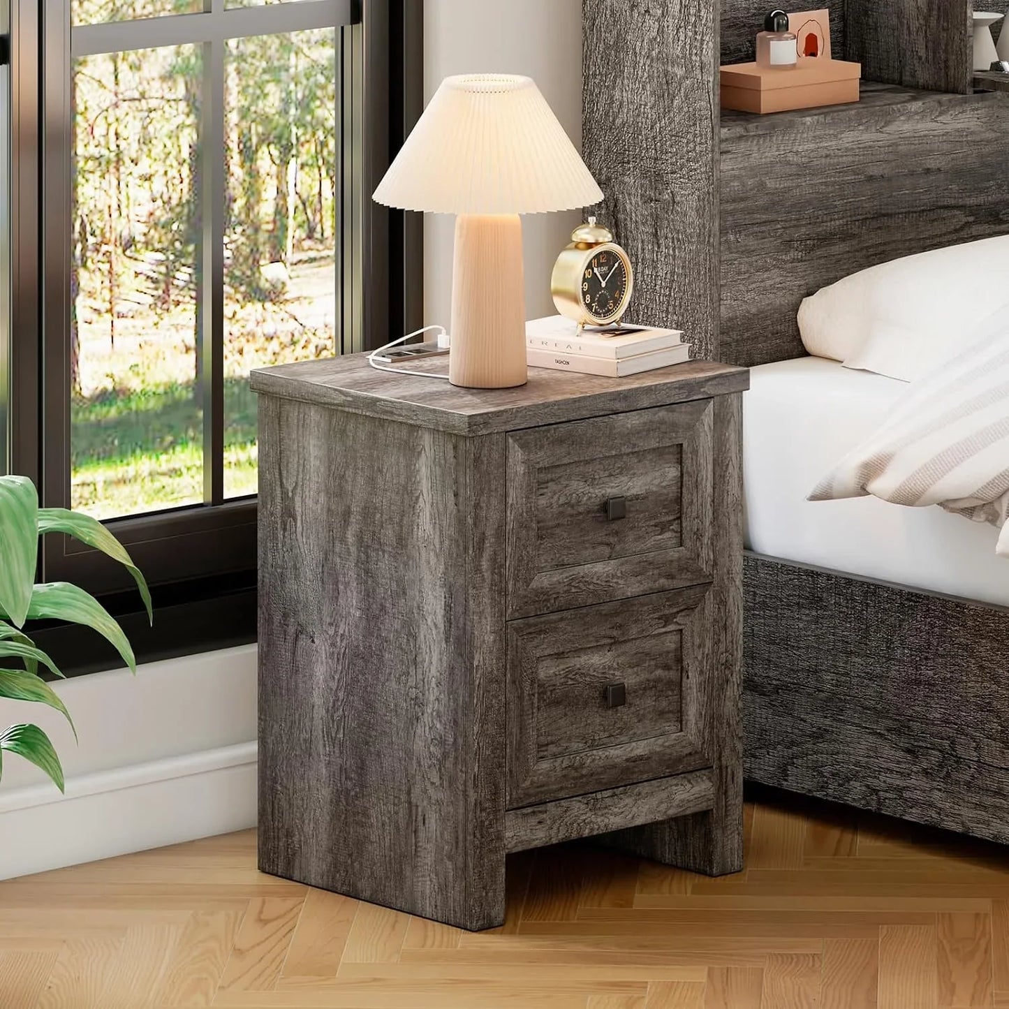 Nightstand Set of 2 with Charging Station, Wood End Table with 2 Drawers Storage Cabinet Grey