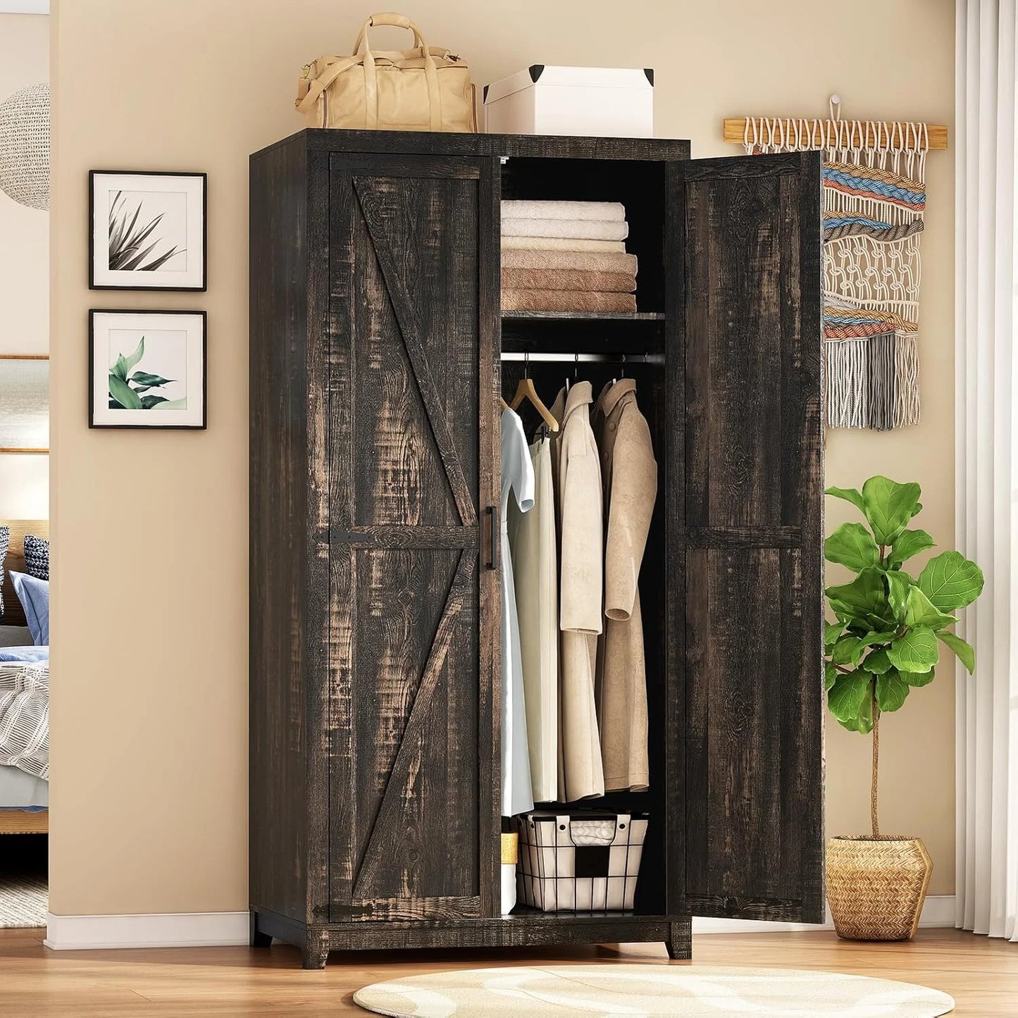 VANACC 70" Large Armoire Wardrobe Closet Set of 2 with Hanging Rod, Farmhouse Clothing Storage Cabinet with 4 Barn Doors, Wooden Tall Bedroom Armoires with Shelf