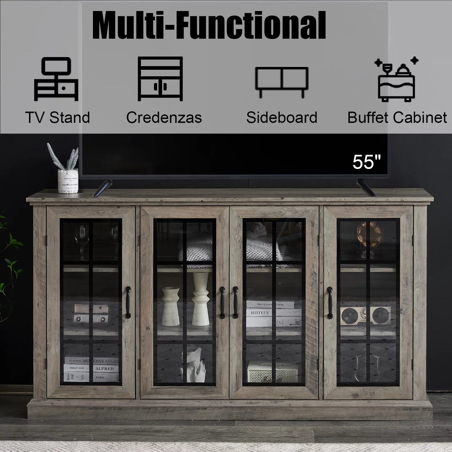 35" Sideboard, 6 Adjustable Shelves, 4 Doors, Washed Grey