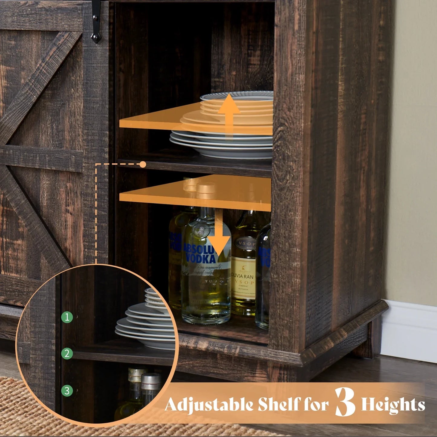 Farmhouse Kitchen Cabinet Coffee Display Bar with LED Lights, Dark Rustic Oak