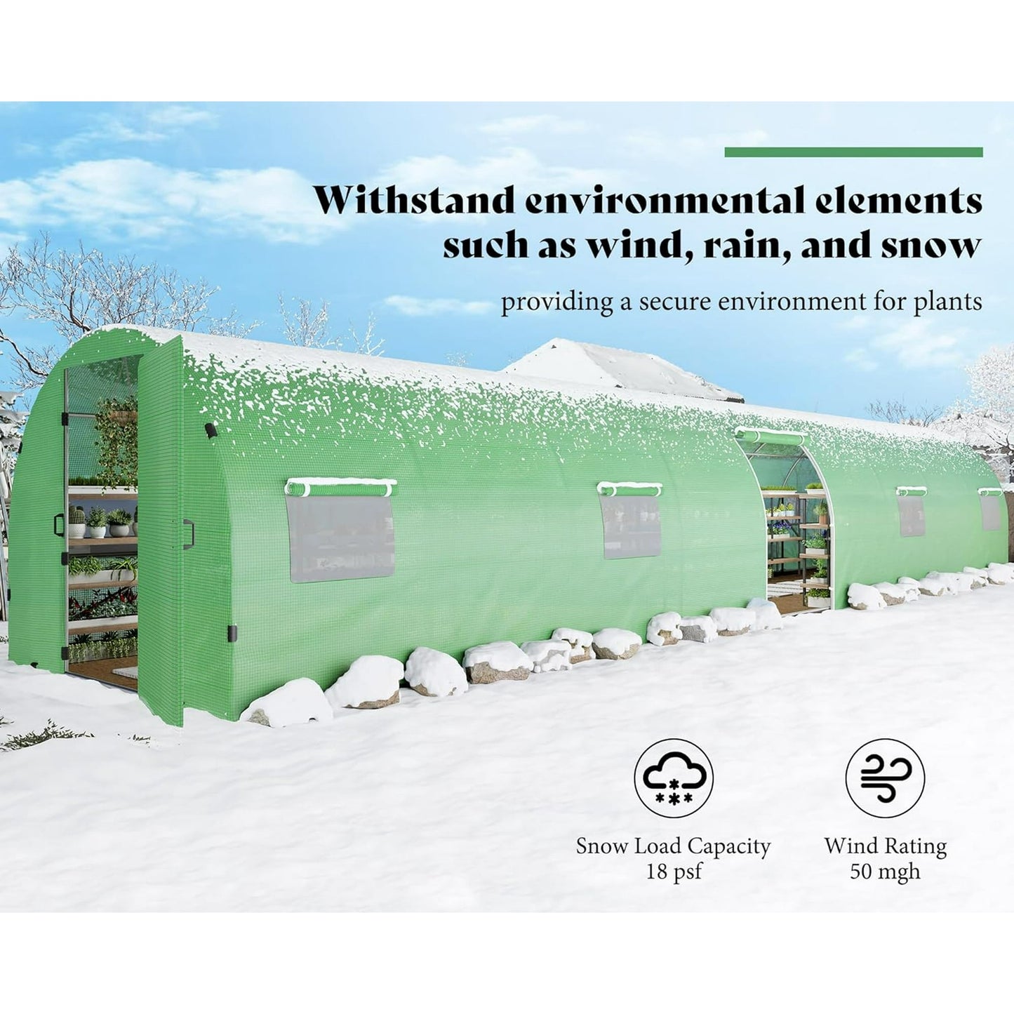 Jocisland 44x10x7.5 ft Tunnel Greenhouse for Outdoors Upgraded Swing Door Premium PE Cover & Film Clips, Green