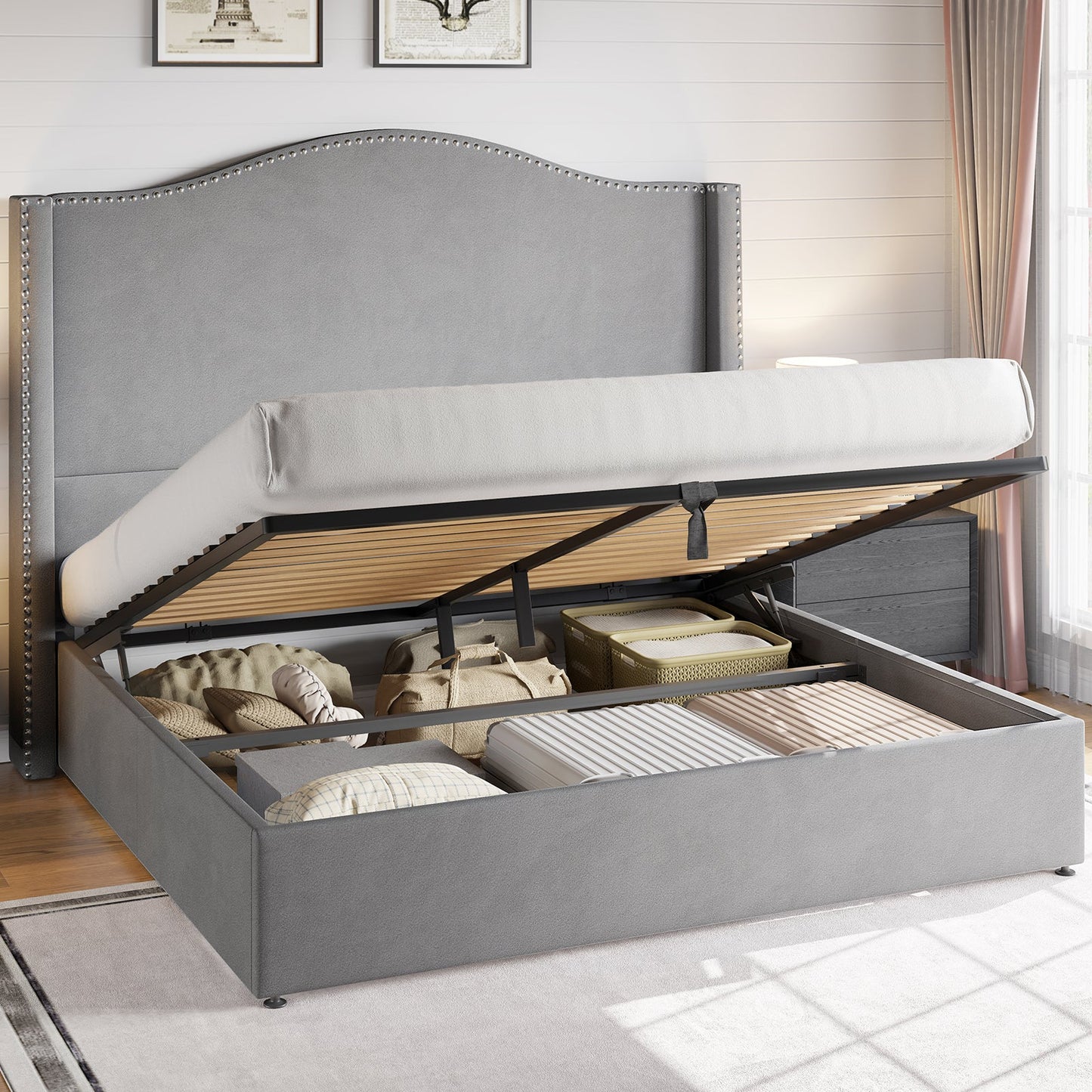 Lift Up Storage Bed Frame, Upholstered Platform Bed Tall Headboard Wingback, Hydraulic Lifting Underneath/Wood Slats Support