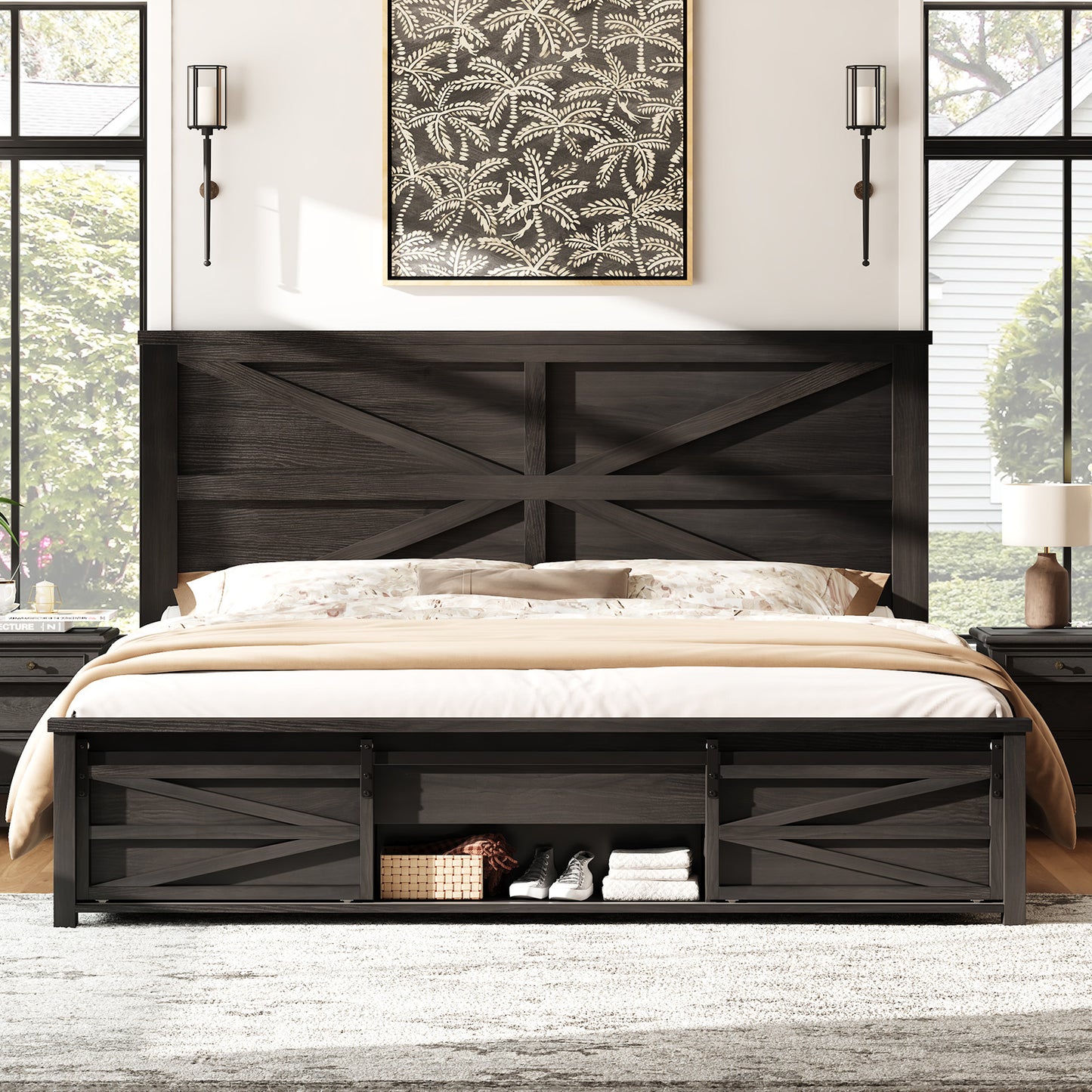 Merluxy Farmhouse Wood Bed Frame Full Size with Sliding Barn Door Storage Cabinets and Headboard,Solid Wood Slats Support,No Squeak, No Box Spring Needed,Rusric Brown