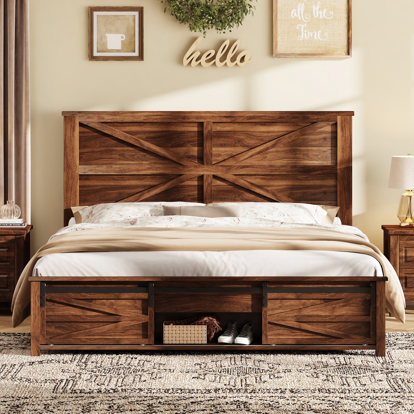 Farmhouse Wood Bed Frame Full Size with Sliding Barn Door Storage Cabinets and Headboard,Solid Wood Slats Support,No Squeak, No Box Spring Needed