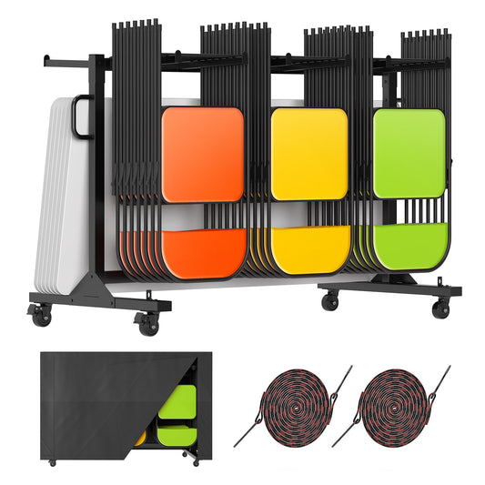 Jocisland Folding Chair Rack, Holds 12 Tables or 42 Chairs, 550 lbs Capacity, Heavy-Duty Cart with Wheels, Elastic Cords, Cover, Glossy Black