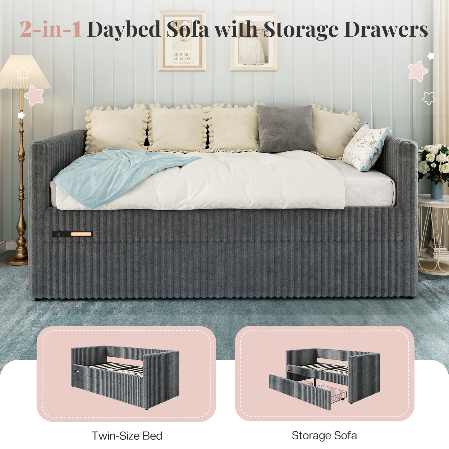 Jocisland Twin Size Corduroy Daybed with 2 Storage Drawers & Bedside Pockets, Upholstery Sofa Bed With Charging & Night Light, Easy Assembly, No Box Spring Needed, for Living Room, Bedroom