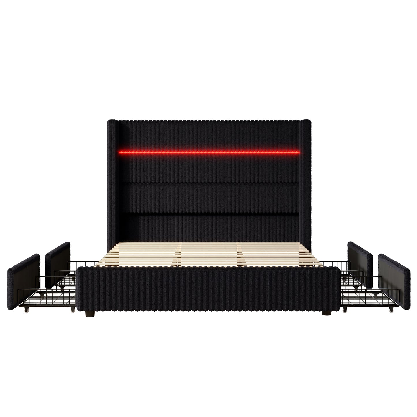 Jocisland Upholstered Corduroy Bed Frame with 4 Storage Drawers, 51.2" Tall Wingback Headboard, LED Lights & Charging Station, Platform Bed No Box Spring Needed, Easy Assembly