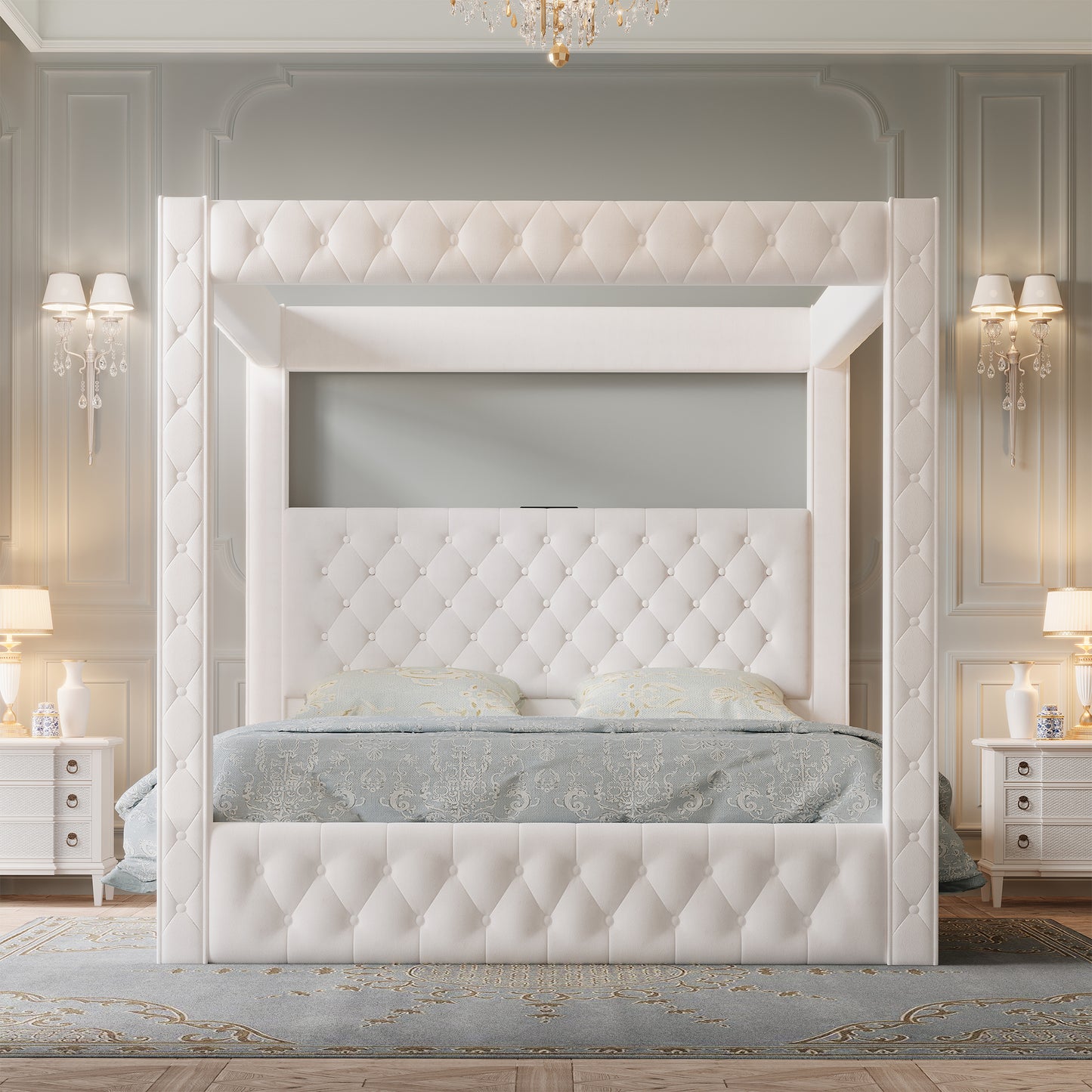 Jocisland Upholstered Canopy Bed Frame with 74.8" Tall Four Poster and Velvet Deep-Tufted Tall Headboard with Charging Station/Modern Luxury Style/No Box Spring Needed