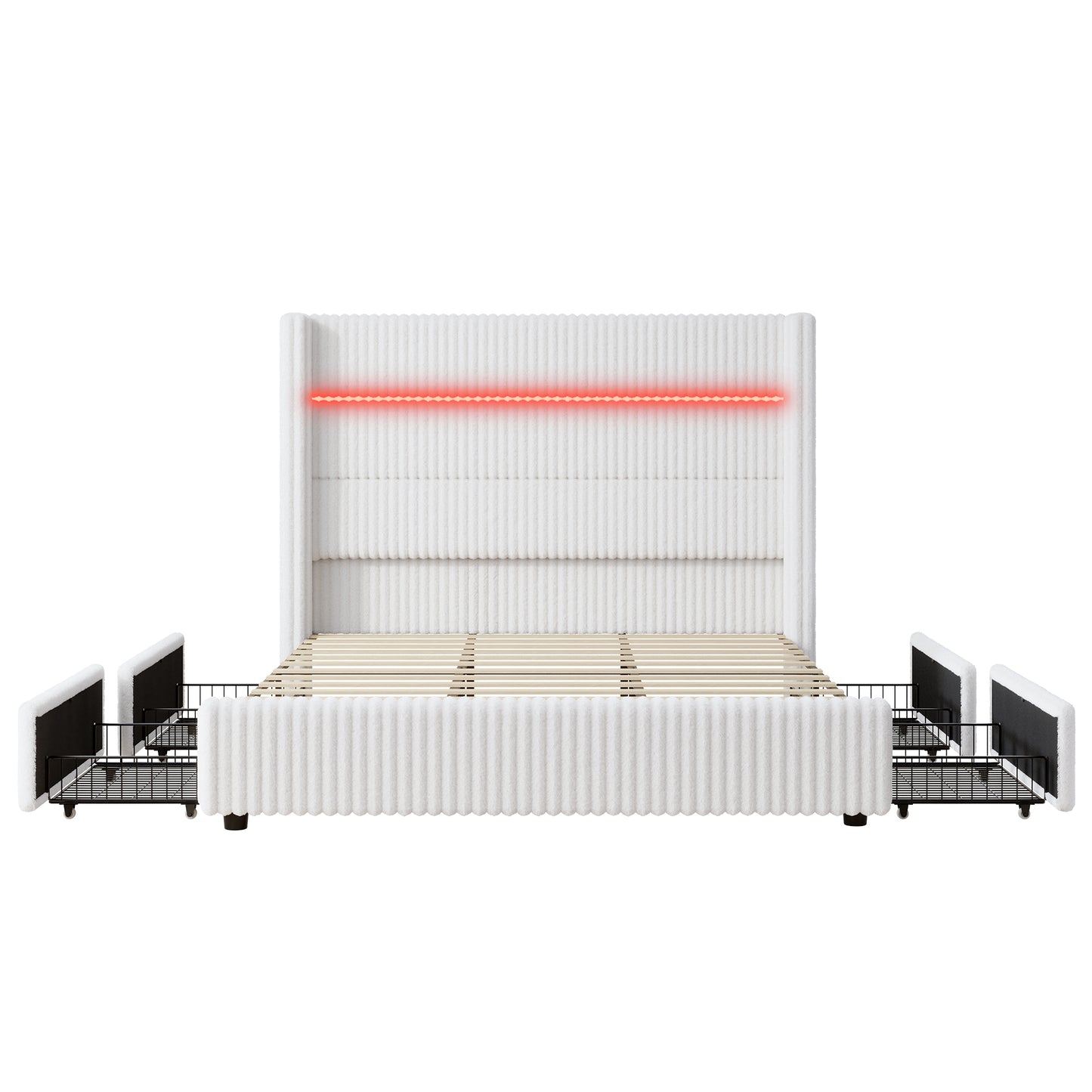 Jocisland Upholstered Corduroy Bed Frame with 4 Storage Drawers, 51.2" Tall Wingback Headboard, LED Lights & Charging Station, Platform Bed No Box Spring Needed, Easy Assembly