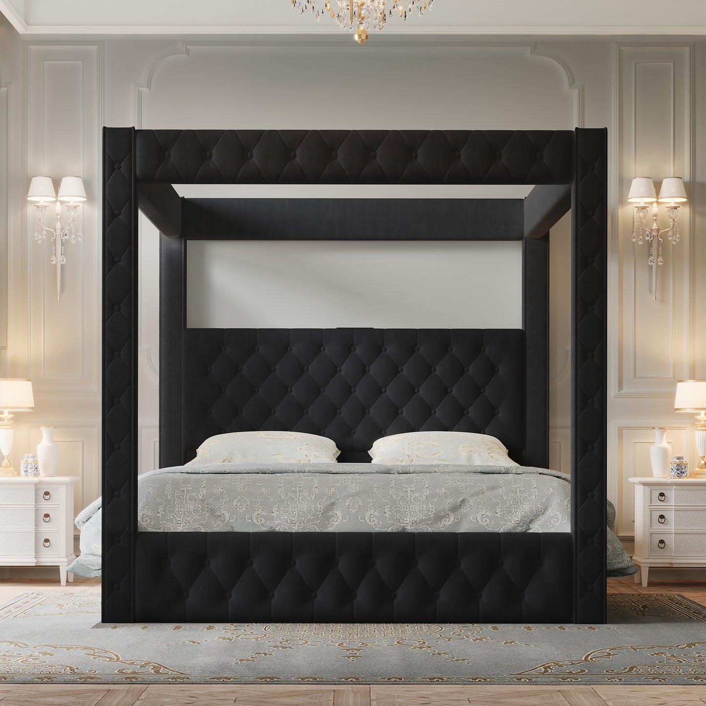 Jocisland Upholstered Canopy Bed Frame with 74.8" Tall Four Poster and Velvet Deep-Tufted Tall Headboard with Charging Station/Modern Luxury Style/No Box Spring Needed