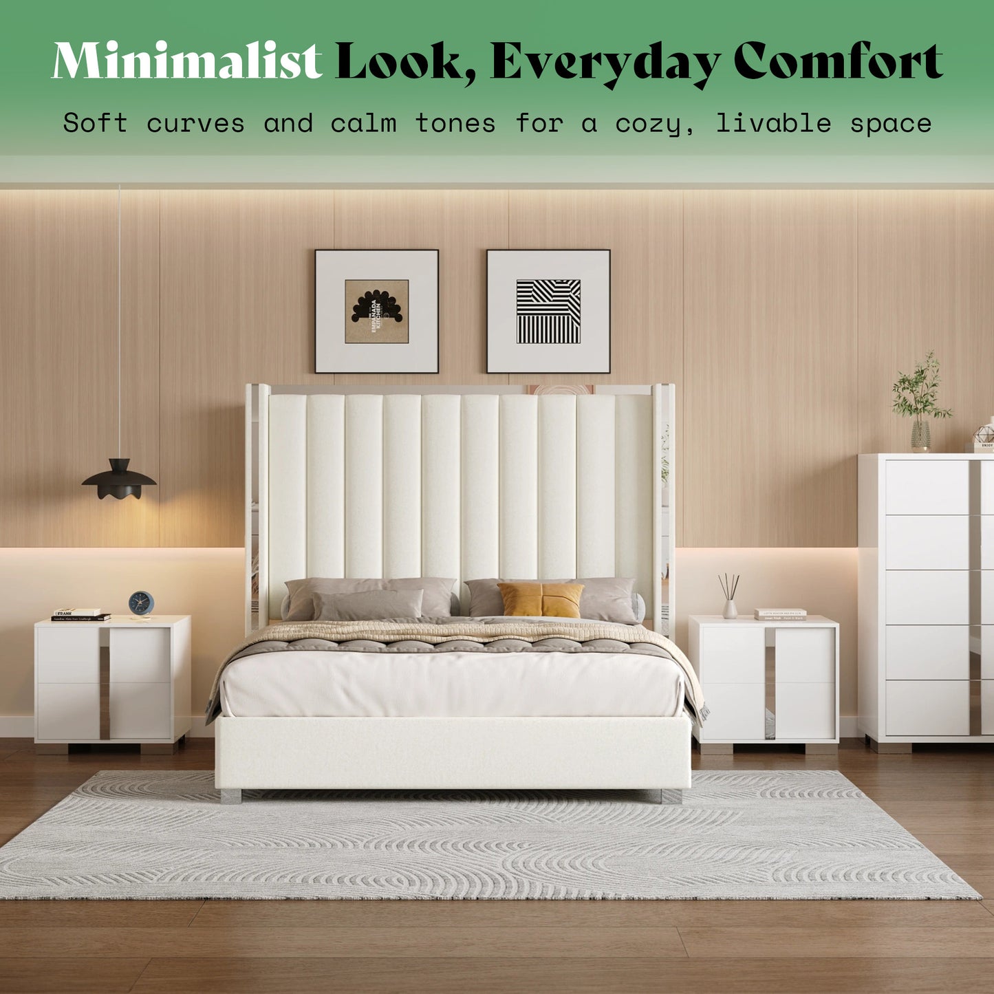 AMERLIFE 3-Piece Modern Bedroom Set Upholstered Bed Frame with 58" Wingback Headboard and 2 White Nightstands