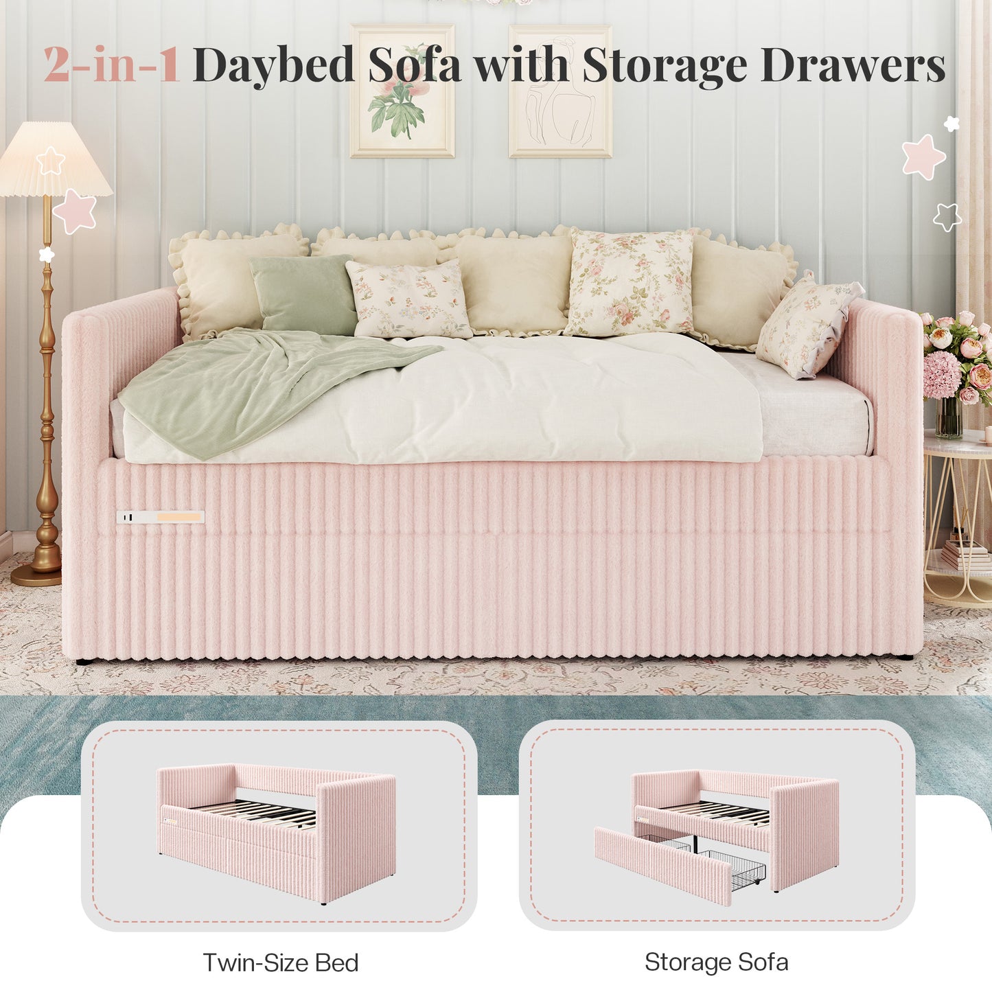 Jocisland Twin Size Corduroy Daybed with 2 Storage Drawers & Bedside Pockets, Upholstery Sofa Bed With Charging & Night Light, Easy Assembly, No Box Spring Needed, for Living Room, Bedroom