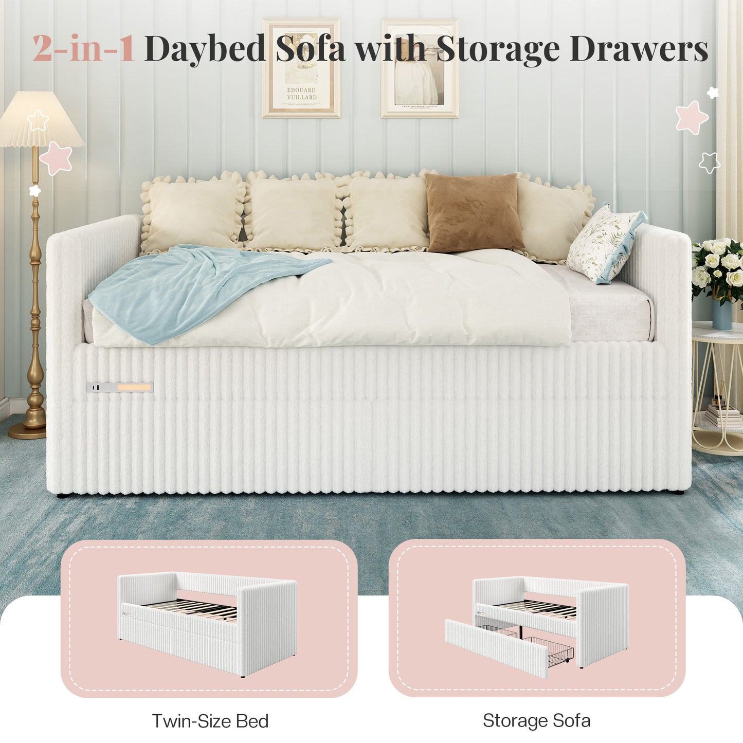 Jocisland Twin Size Corduroy Daybed with 2 Storage Drawers & Bedside Pockets, Upholstery Sofa Bed With Charging & Night Light, Easy Assembly, No Box Spring Needed, for Living Room, Bedroom