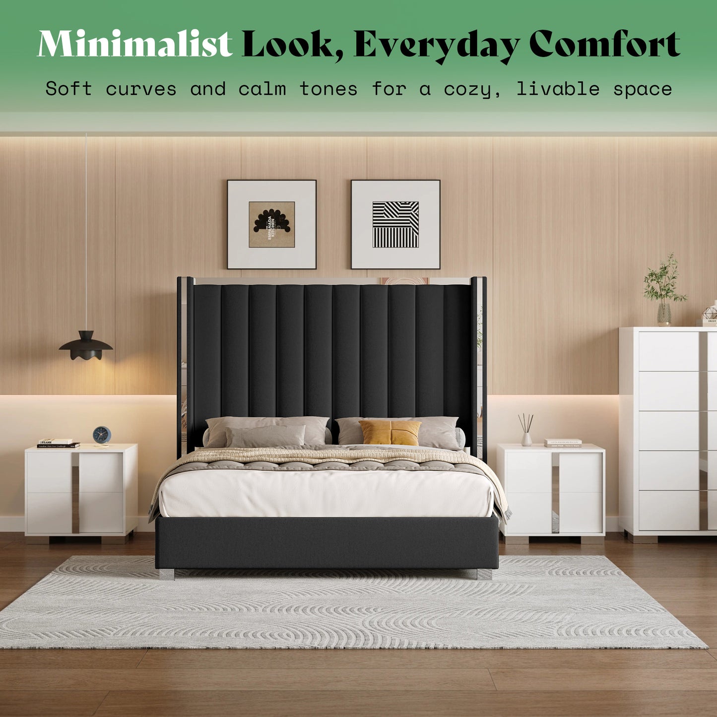 AMERLIFE 3-Piece Modern Bedroom Set Upholstered Bed Frame with 58" Wingback Headboard and 2 White Nightstands