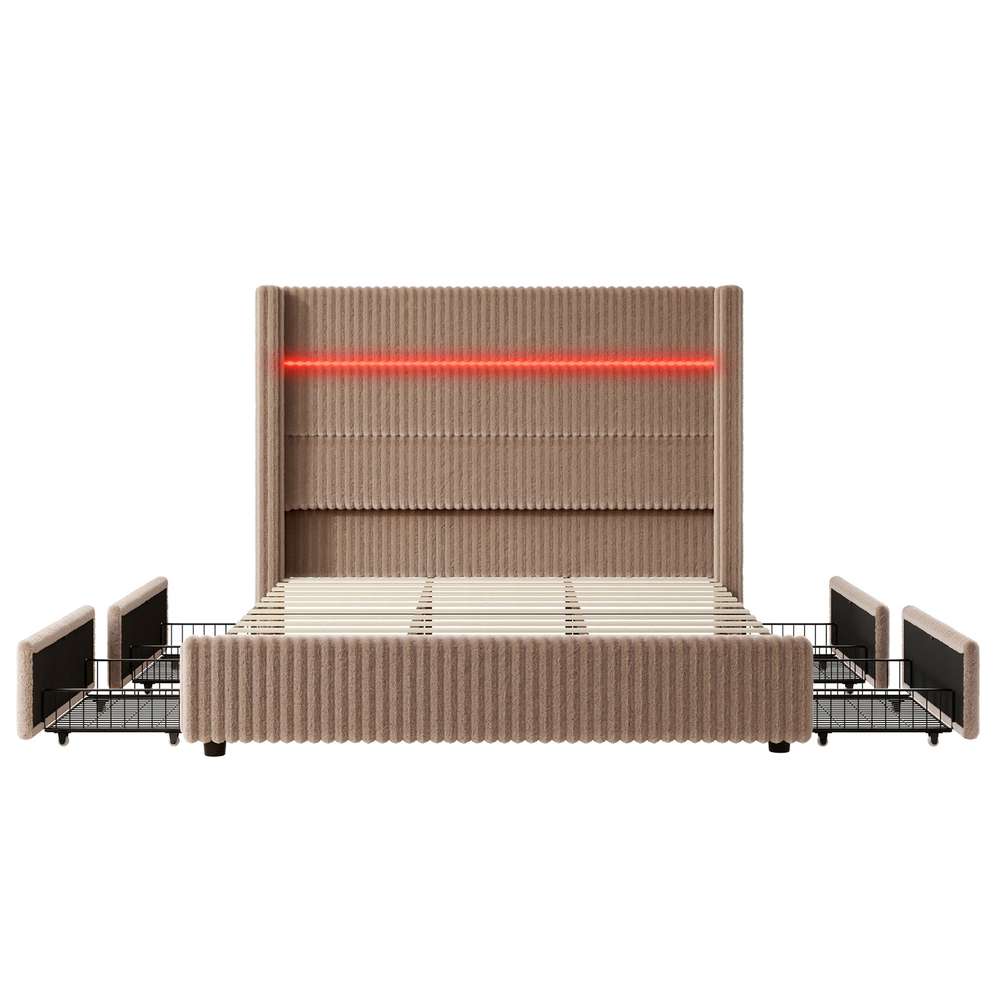 Jocisland Upholstered Corduroy Bed Frame with 4 Storage Drawers, 51.2" Tall Wingback Headboard, LED Lights & Charging Station, Platform Bed No Box Spring Needed, Easy Assembly