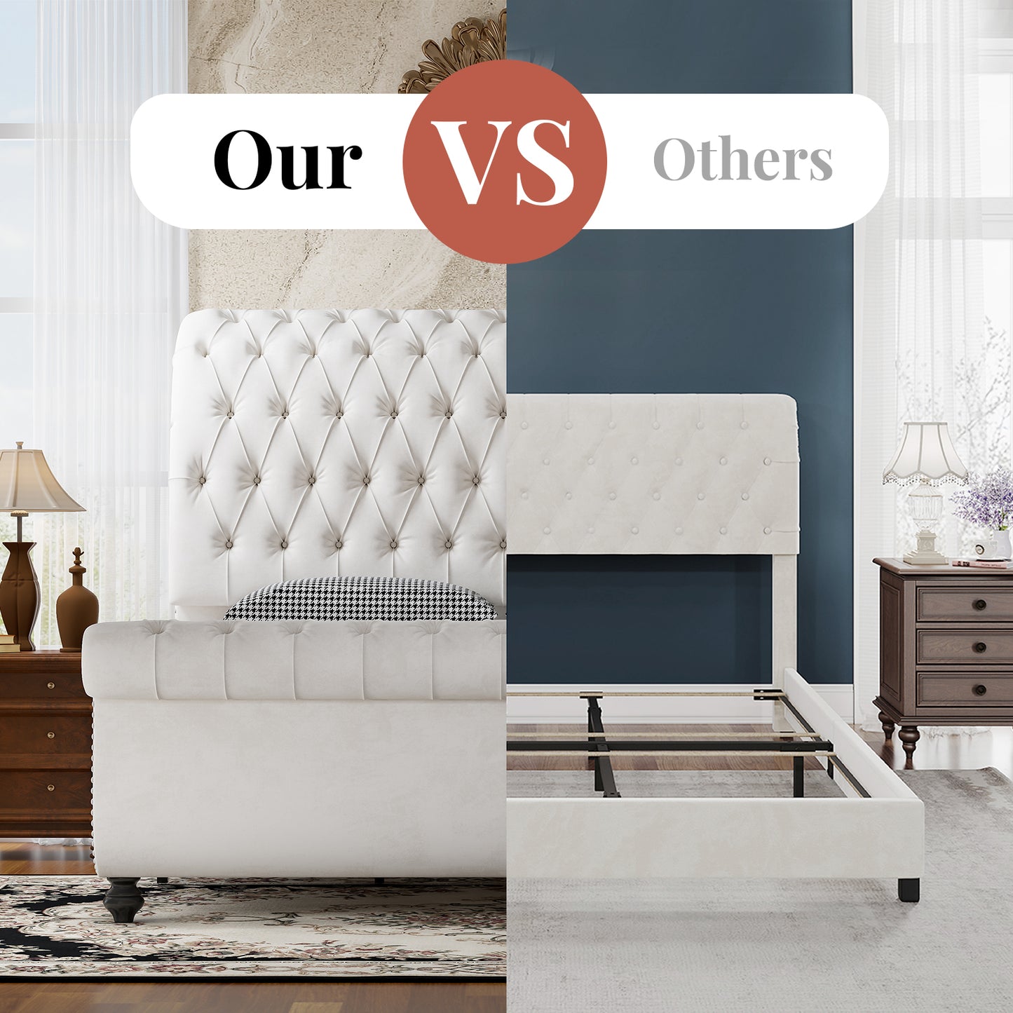 Jocisland Velvet Upholstered Platform Sleigh Bed Frame with Scroll Headboard & Footboard, Button Tufted