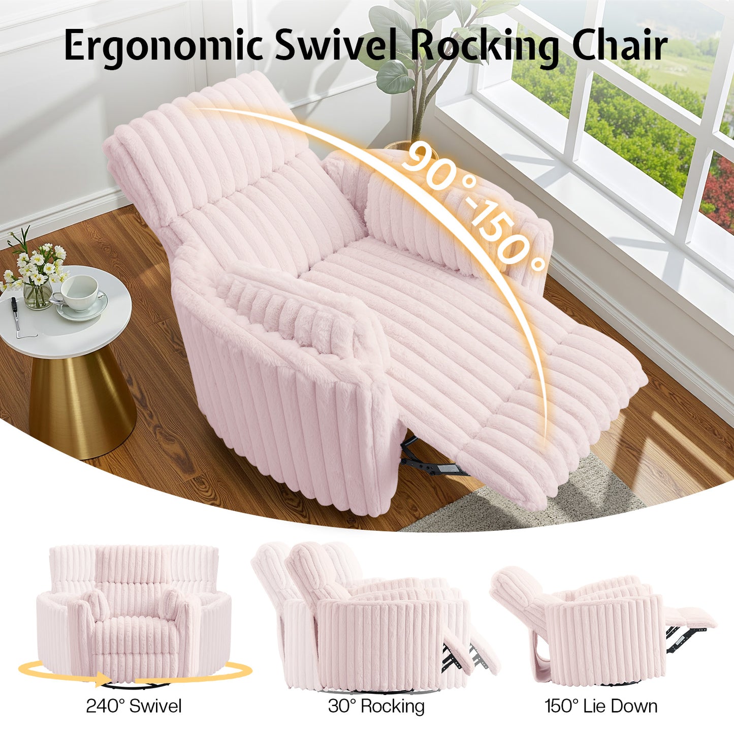 Jocisland Power Recliner Nursery Chair for Adults, Electric Swivel Rocking Glider with USB & Type-C, Soft Fabric Armchair with 2 Pillows, Cozy Reclining Sofa for Living Room, Bedroom, Light Pink