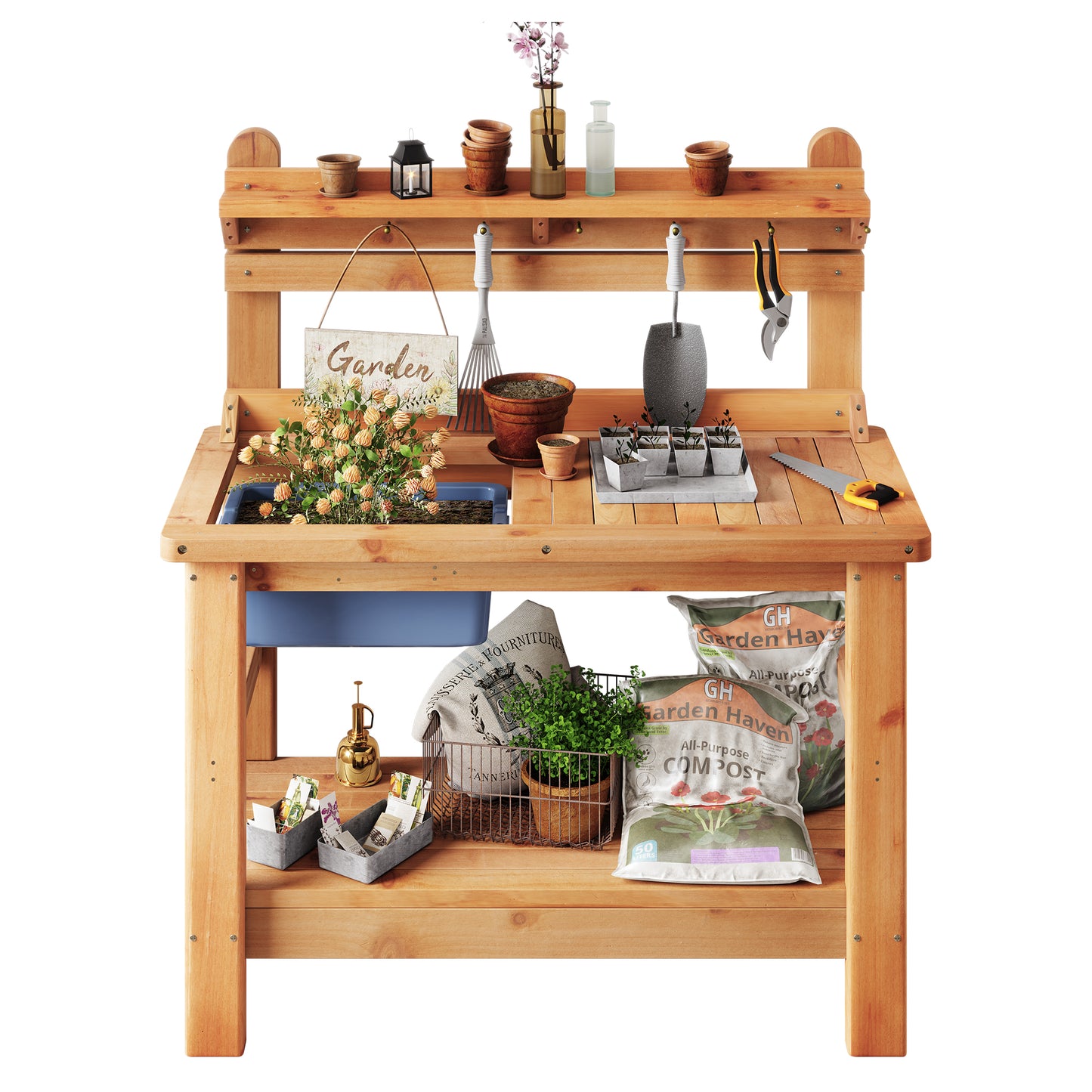 Jocisland Solid Wood Outdoor Potting Bench Table with Large Tabletop, Heavy-Duty Garden Workstation with Removable Plastic Bin, Multi-Level Storage Shelf, Easy Assembly for Patio, Yard & Gardening