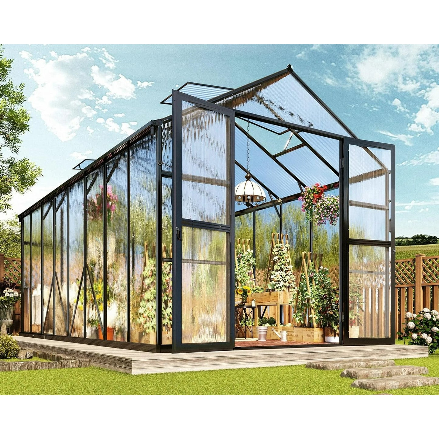 Jocisland 7.5x11x7.5 FT Polycarbonate Greenhouse with Quick Connector Fast Assembly, Outdoor Aluminum Greenhouses with Rain Gutter and Ventilation, Walk in Greenhouse for Backyard Garden, Black