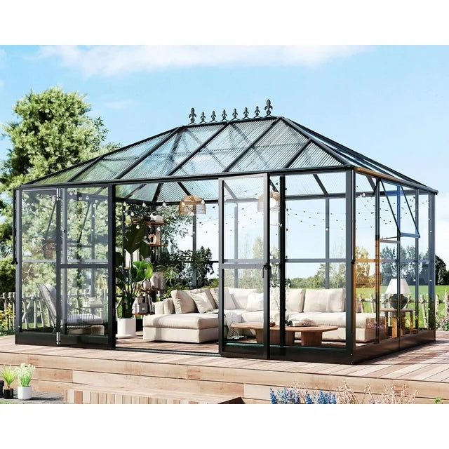 Jocisland 16x12x9.5 ft Polycarbonate Greenhouse- 6 ft Wall Height Outdoor Aluminum Greenhouses with 2 Vent Windows and Rain Gutter, Double Doors with Hook, Walk-in Greenhouse for Backyard Garden