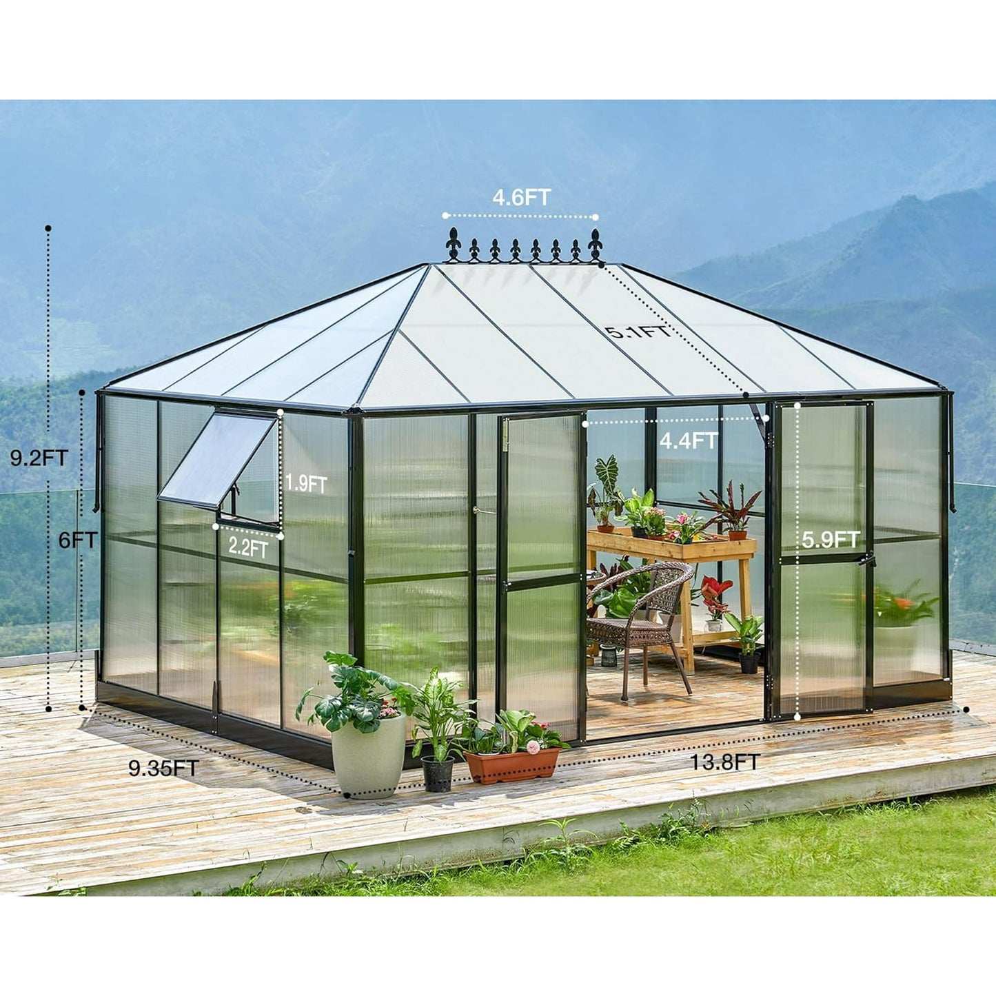 Jocisland 14x9.5x9 ft Polycarbonate Greenhouse Double Swing Doors 2 Vents 6FT Wall Height, Black