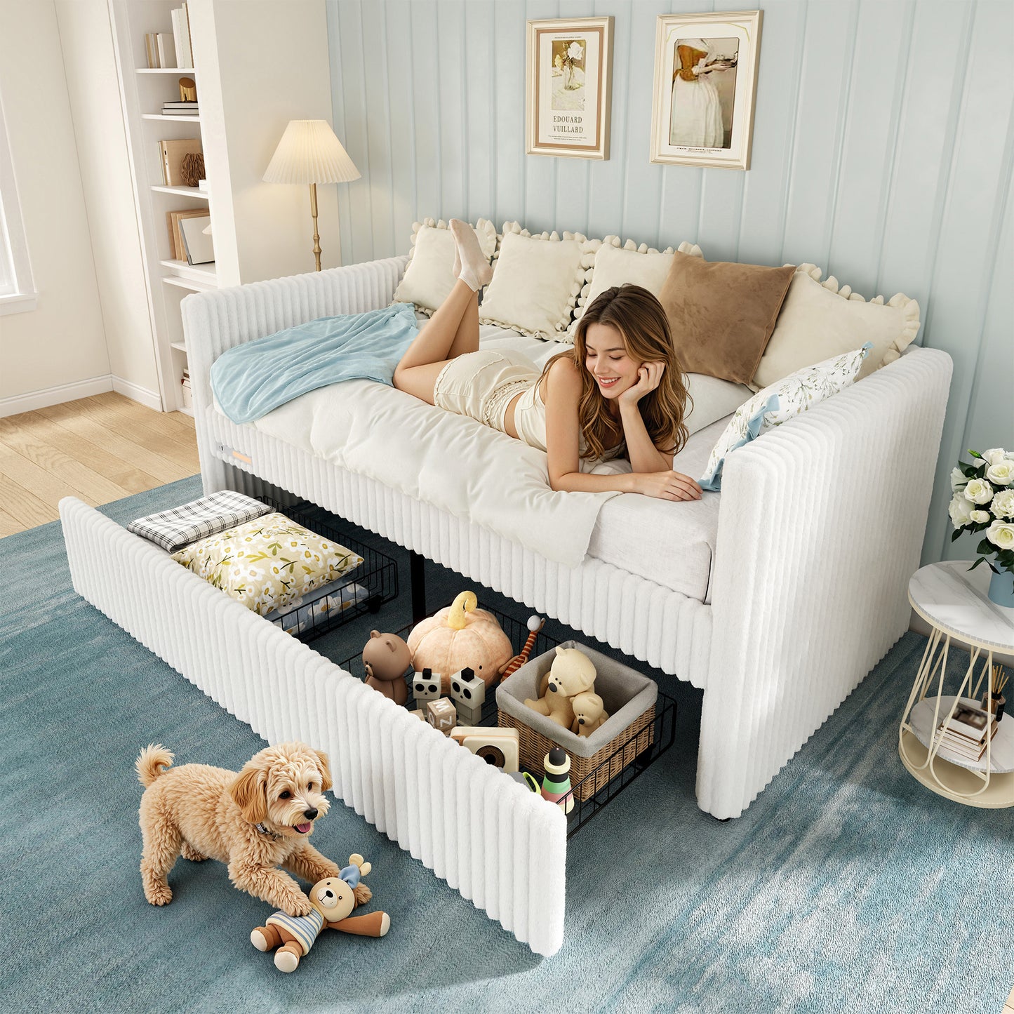 Jocisland Twin Size Corduroy Daybed with 2 Storage Drawers & Bedside Pockets, Upholstery Sofa Bed With Charging & Night Light, Easy Assembly, No Box Spring Needed, for Living Room, Bedroom