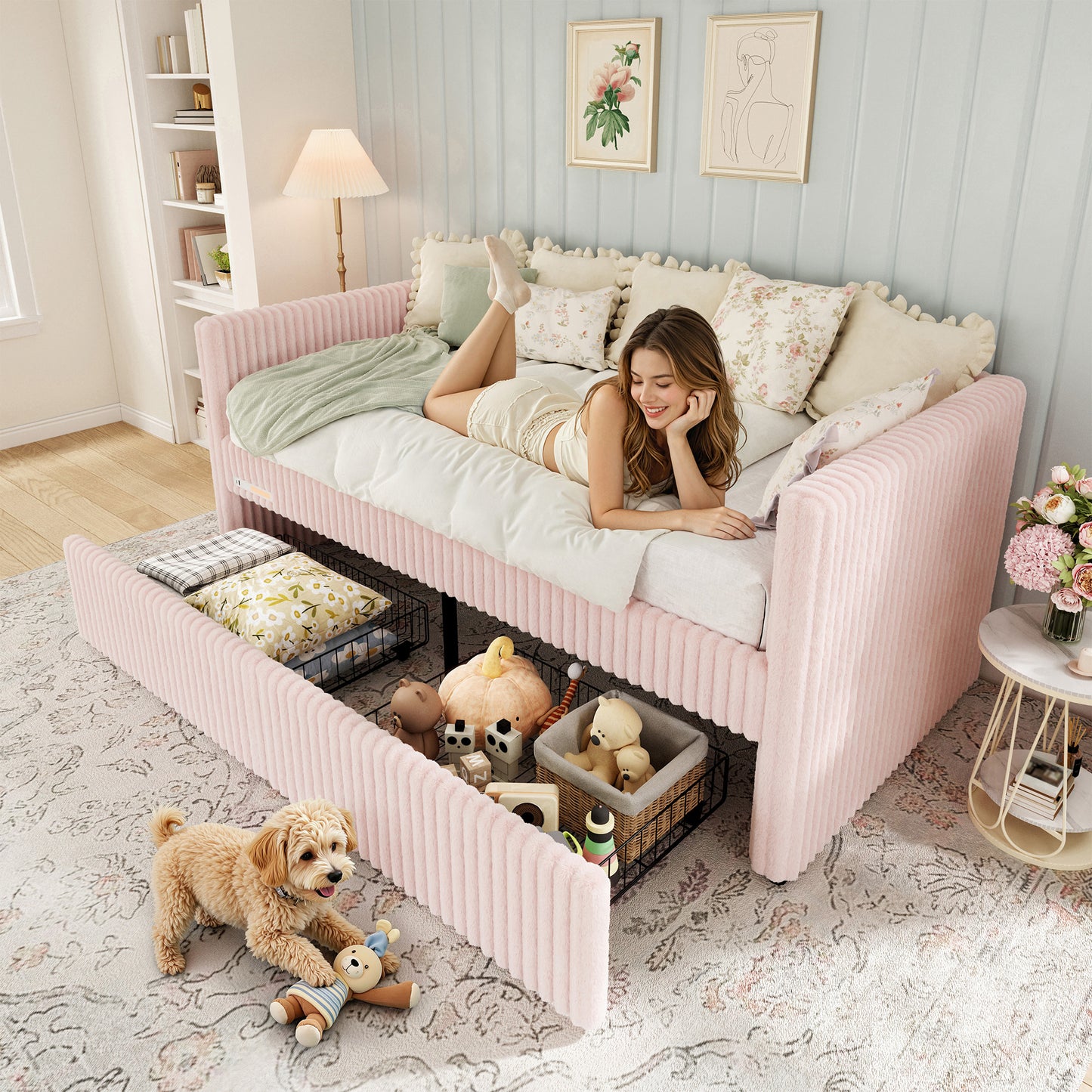 Jocisland Twin Size Corduroy Daybed with 2 Storage Drawers & Bedside Pockets, Upholstery Sofa Bed With Charging & Night Light, Easy Assembly, No Box Spring Needed, for Living Room, Bedroom