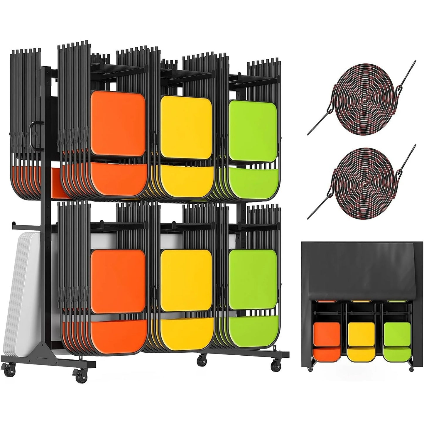 Jocisland Folding Chair Rack 12 Tables or 42 Chairs Storage 550 LBS Capacity Heavy-duty Folding Chair Cart With Wheels, 2 Elastic Cords, Cover, Black