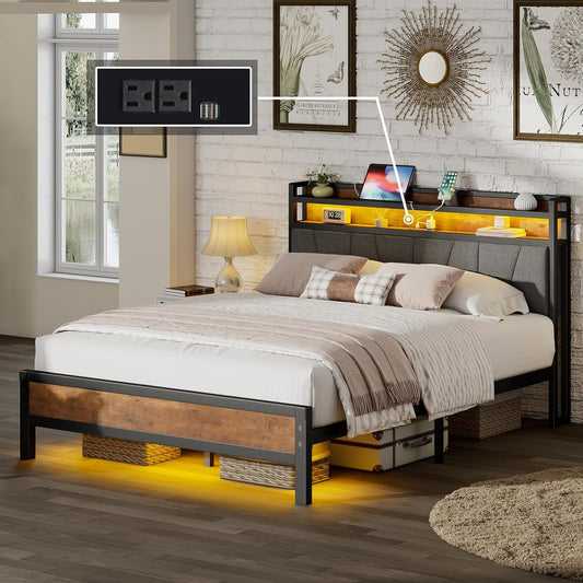 Bed Frame with RGBW LED Lights & Charging Station, Linen Upholstered Headboard with 2-Tier Storage, Stable Metal Platform, No Box Spring Needed/Noise-Free