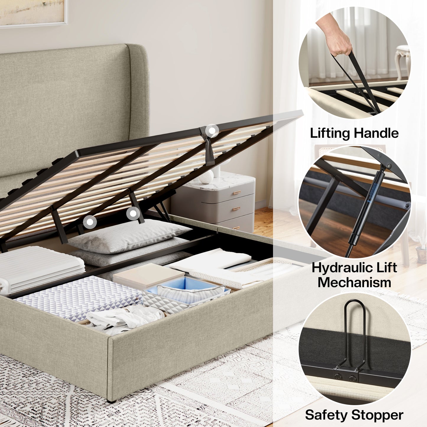 Jocisland Upholstered Platform Bed Frame with Hydraulic Lift Storage, Wingback Headboard, Wood Slats Support, No Box Spring Needed