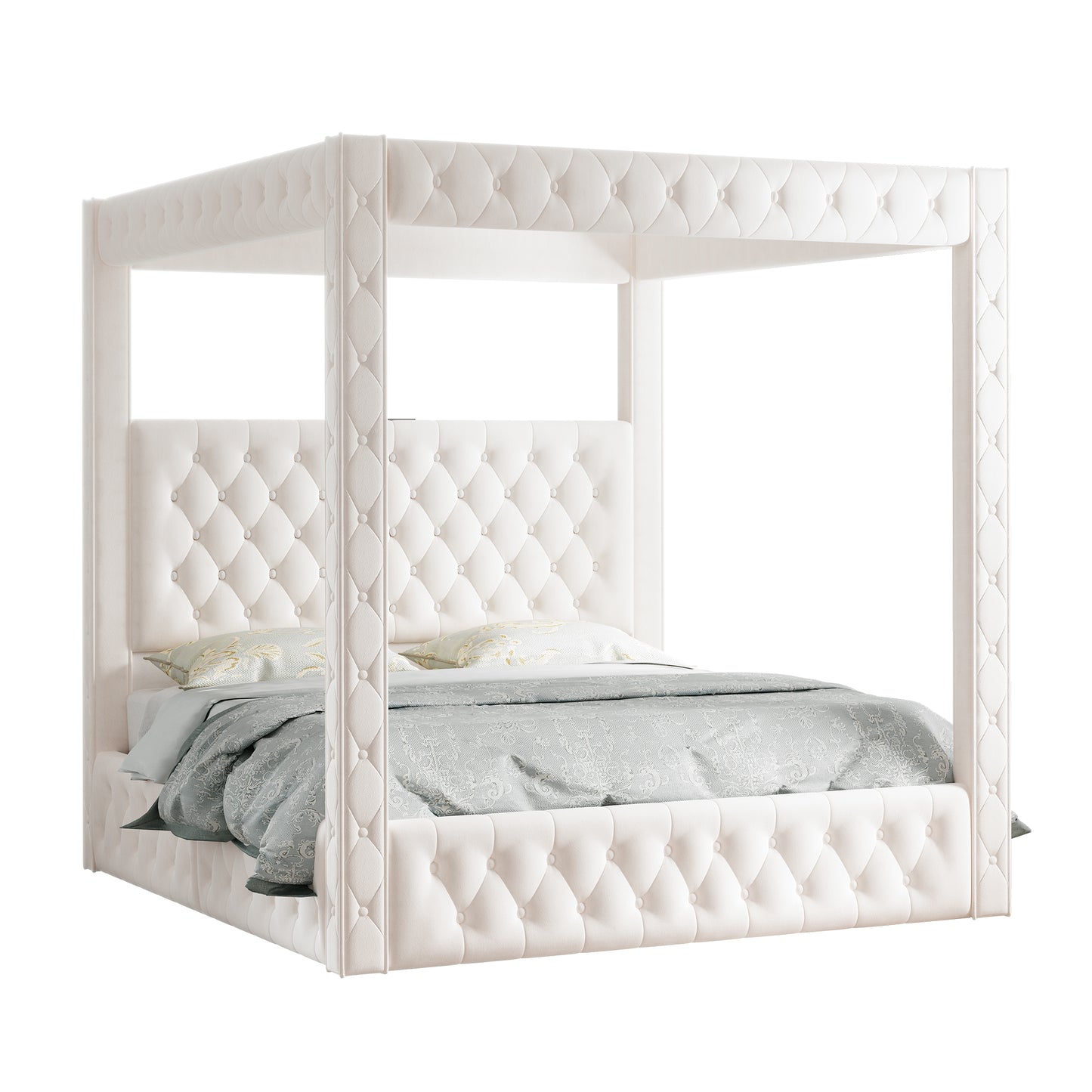 Jocisland Upholstered Canopy Bed Frame with 74.8" Tall Four Poster and Velvet Deep-Tufted Tall Headboard with Charging Station/Modern Luxury Style/No Box Spring Needed